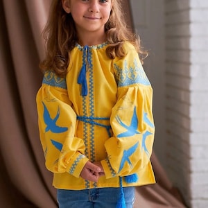 Blue and yellow embroidery blouse,Embroidered shirt for girl,Ukrainian shirt,Ukrainian vyshyvanka,Traditional Ukrainian clothes for girl