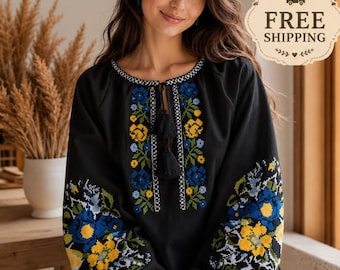 ukraine Vyshyvanka,Embroidered Cotton Blouse, Boho Floral Ukrainian Top,embroidered black flower blouse,girl embroidered blouse