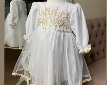 Robe de baptême pour fille, robe brodée pour bébé, robe brodée pour nouveau-né, robe de baptême pour fille, robe brodée d'épillets, fabriquée en Ukraine