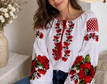 Ukraine women embroidered blouse,vyshyvanka,red poppy blouse,embroidered patriotic shirt,made in Ukraine,women summer floral blouse