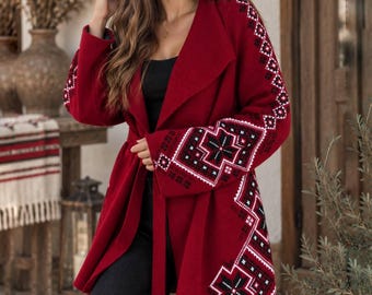 Ukrainian embroidered jacket,embroidered red cardigan,christmas warm sweater,boho knit cardigan,ethnic jacket,vyshyvanka cardigan