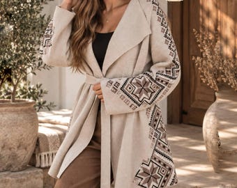 Ukrainian embroidered jacket,embroidered beige cardigan, ukrainian blazer,christmas sweater, vyshyvanka,folk style cardigan,vyshyvanka