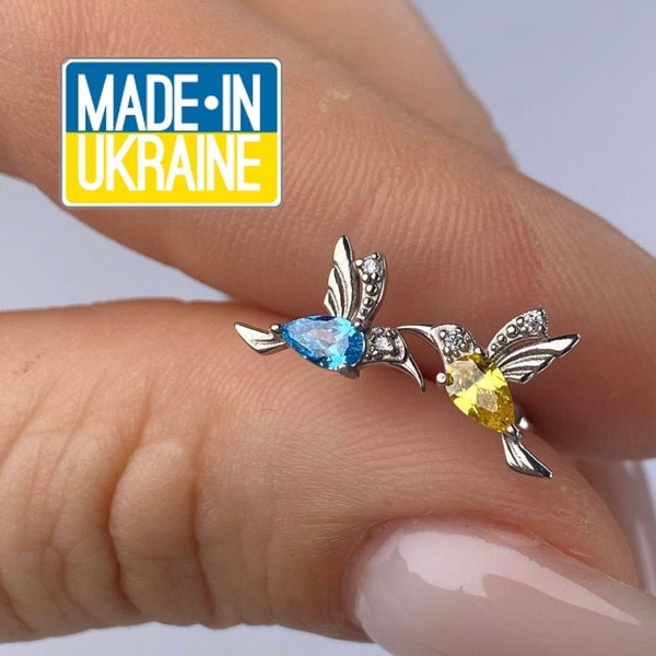 Boucles d'oreilles Ukraine, bijoux bleus et jaunes, boucles d'oreilles kolibri, bijoux Ukraine, bijoux Ukraine faits main, cadeau femme Ukraine, boucles d'oreilles oiseau