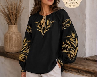 Ukraine embroidered vyshyvanka,black linen blouse,black women blouse,Golden Wheat Embroidery boho clothing mexican black blouse