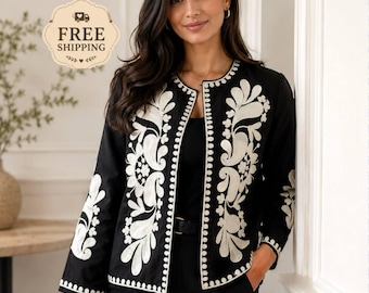 boho women jacket,black embroidered jacket,floral jacket,black white jacket,ukraine embroidered jacket,women vyshyvanka,statement jacket