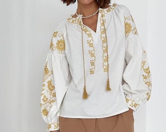 Camicetta da donna ricamata, vishivanka ricamata bianca, camicetta da donna ucraina, camicetta d'oro ucraina, camicetta ricamata in oro, regalo ucraino, etnico