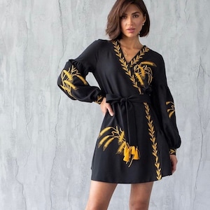 Ukraine embroidered gift,Ukraine dress,black Ukraine dress,made in Ukraine,spikelet vishivanka,Ukraine wheat embroidery dress