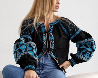 Black Ukraine embroidered blouse,blue vishivanka.Ukraine women gift,Ukraine jacket,embroidered women dress,made in Ukraine,handmade Ukraine