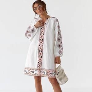 Ukraine Embroidered Dress,embroidery vishivanka,handmade ukraine dress,ukraine ornment,women embroidered blouse,white and red Ukraine dress