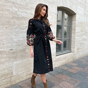 Ukraine Embroidered Dress,embroidery vishivanka,handmade ukraine dress,ukraine ornment,women embroidered blouse,black Ukraine dress