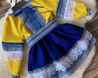 embroidered girl outfit,embroidered girl dress,blue and yellow dress,vishivanka for girl,Ukrainian girl outfit,handmade ukrainian dress