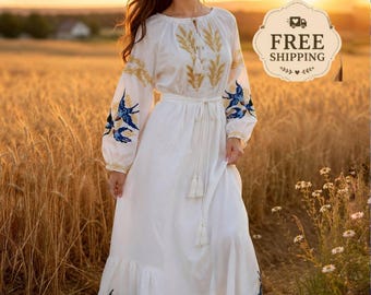 Vestido bordado de Ucrania, vestido blanco bordado, vestido blanco bohemio, vestido blanco de novia, vestido bordado con pájaros, vestido étnico folclórico bohemio