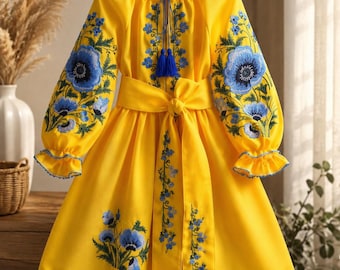 Vestido bordado para niña, Vishivanka para niña, blusa ucraniana para niña, atuendo tradicional bordado, vestido amarillo para niña, vestido festivo para niña