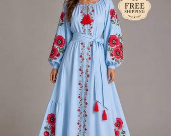 Embroidered Ukraine dress,blue Ukraine dress,embroidered dress, embroidered clothing, floral dress, ethnic style dress,boho dress,vyshyvanka
