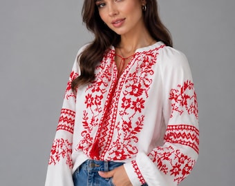 Ukraine Blouse, Embroidered Vyshyvanka,embroidered women blouse,white red blouse