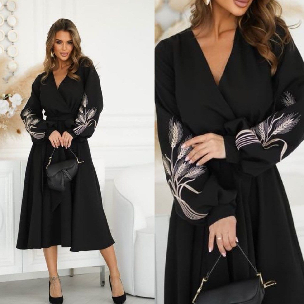 Vestido preto da Ucrânia, vestido envolvente com espiguetas bordadas, vestido ucraniano feito à mão, enfeite ucraniano, blusa com espiguetas bordadas, presente feminino da Ucrânia