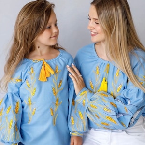Mommy and me blouse,Ukraine Embroidery for kids,Girl's Ukraine bird dress,family Ukraine look,swallow girl dress,blue and yellow dress