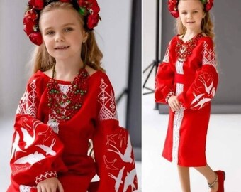 Ukraine girl embroidery dress,red embroidery vishivanka for girl,Ukraine girl blouse,swallow dress,Traditional Ukrainian clothes for girl