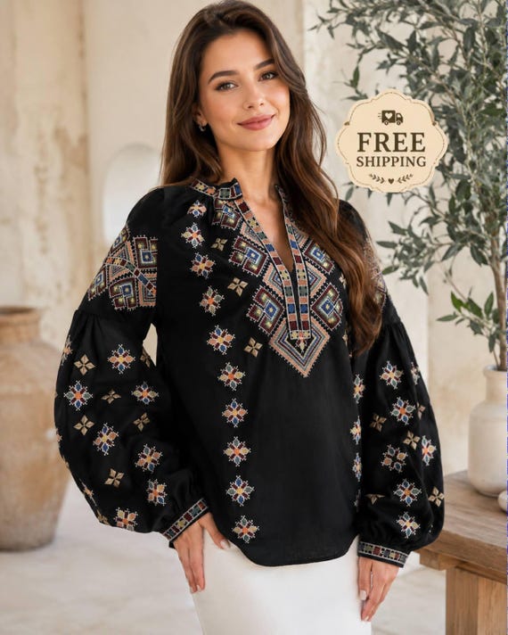 トップス willfully wrinkle embroidery sleeve BL Black Ukrainian Embroidered Blouse, Geometric Vyshyvanka for Women