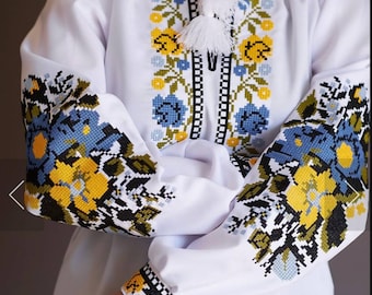 White Ukraine embroidery blouse,Vishivanka,Embroidered ukraine vyshyvanka,embroidery t-shirt,Made in Ukraine clothing,blue and yellow blouse