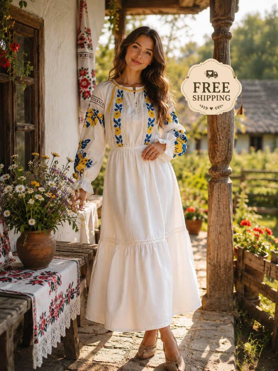 Ukraine Embroidered Dress,sunflower Dress,women White Dress,embroidered Boho Dress