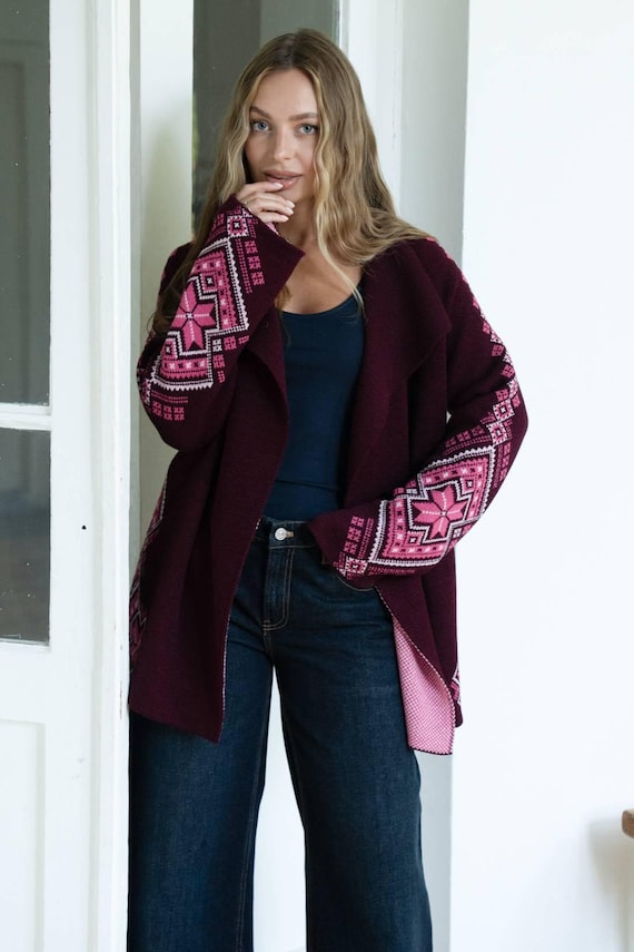 Burgundy jacket,embroidery cardigan,ukrainian jacket,embroidered jacket,ukrainian blazer,vyshyvanka,ukraine bomber,knitted Burgundy cardigan