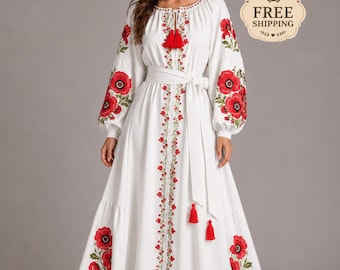 Vestido ucraniano bordado, vestido de Ucrania, vestido de novia blanco, vestido bordado floral, vestido largo blanco, vestido para invitada de boda