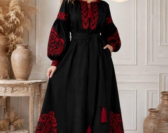 Embroidered Ukrainian dress,black linen dress,Vyshyvanka,black maxi dress,bohemian women dress,boho women dress,wedding guest dress