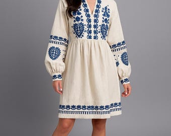 Sukienka haftowana, wyszywanka, biała sukienka z Ukrainy, sukienka festiwalowa, prezent z Ukrainy, sukienka haftowana w stylu boho, beżowa sukienka haftowana