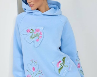 blue embroidered hoodie,ukrainian embroidered sweater,vyshyvanka,Floral Embroidered Sweatshirt,ethnic sweatshirt,ukraine sweatshirt