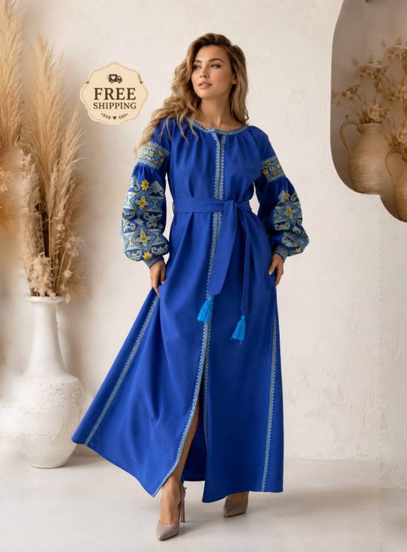 Embroidered Dress,traditional Ukrainian Dress,blue and Yellow Dress,linen Women Dress,boho Women Dress,bohemian Dress,wedding Guest Dress