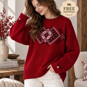 ukraine embroidered knitted sweater,red christmas sweater,red wool sweater,Ukraine winter clothing, geometric sweater ukraine christmas gift