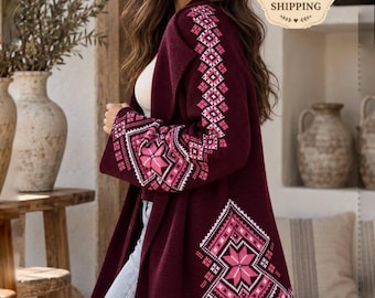 Burgundy jacket,embroidery cardigan,ukrainian jacket,embroidered jacket,ukrainian blazer,vyshyvanka,ukraine bomber,knitted Burgundy cardigan