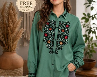 Blusa verde lino, blusa ucraniana, blusa bordada, blusa boho de lino, blusa mexicana, camisa floral para mujer, blusa étnica, blusa boho