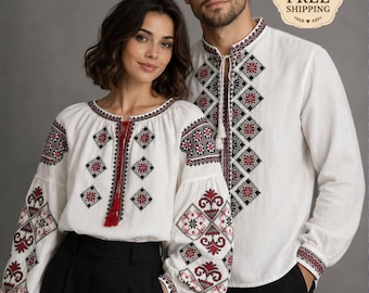 blusa bordada, camisa bordada para pareja, blusa bordada de Ucrania, camisa bordada para hombre, Vyshyvanka, conjunto a juego