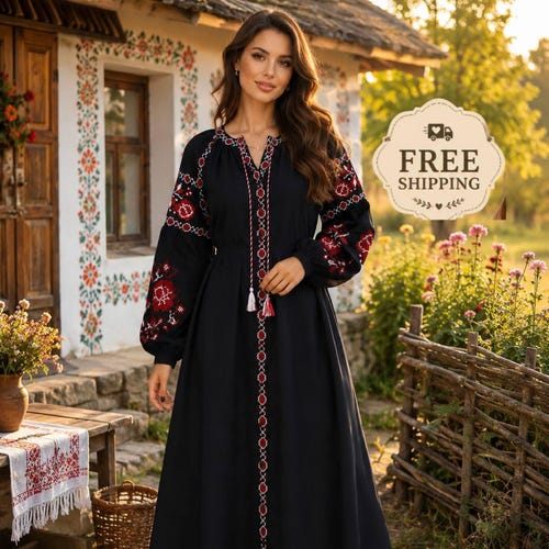 Vyshyvanka Blue Linen Embroidered Dress Ukrainian Vyshyvanka Dress