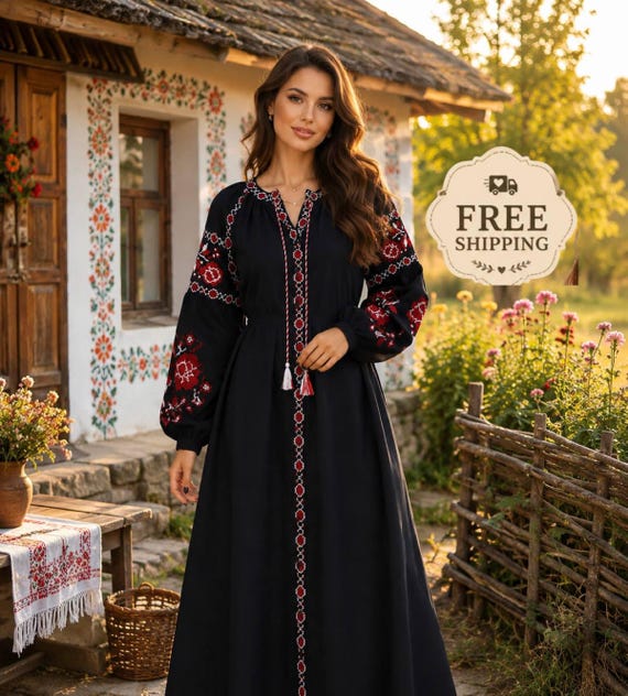 black maxi dress with embroidery Ukraine Embroidered Dress,embroidered Vyshyvanka,ukraine Dress,black Dress,ethnic customizable fit DROP-VDAY24 Beau Asymmetrical Midi Dress Color:Silver Nude