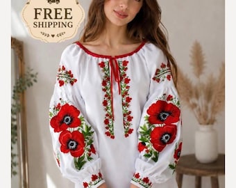 Vyshyvanka ucraina, camicetta contadina ricamata, camicetta con fiori rossi, negozio di articoli da regalo in Ucraina, camicetta ricamata