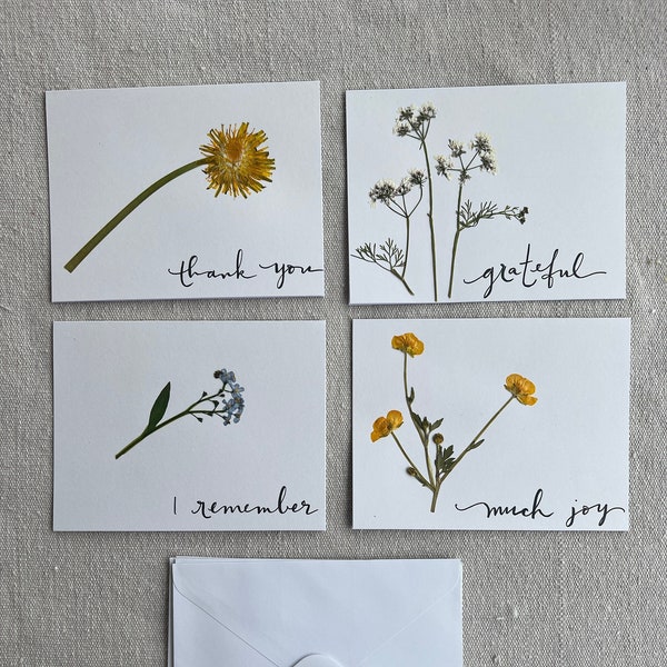 One Botanical notecard, stationary with real pressed flowers, handlettered inspirational message