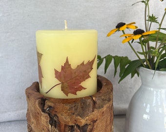 Fall decor, boho style, real autumn leaves on pillar candle, natural aesthetic, cabin decor, Outdoor lover, Hiker gift, Vanilla Candle