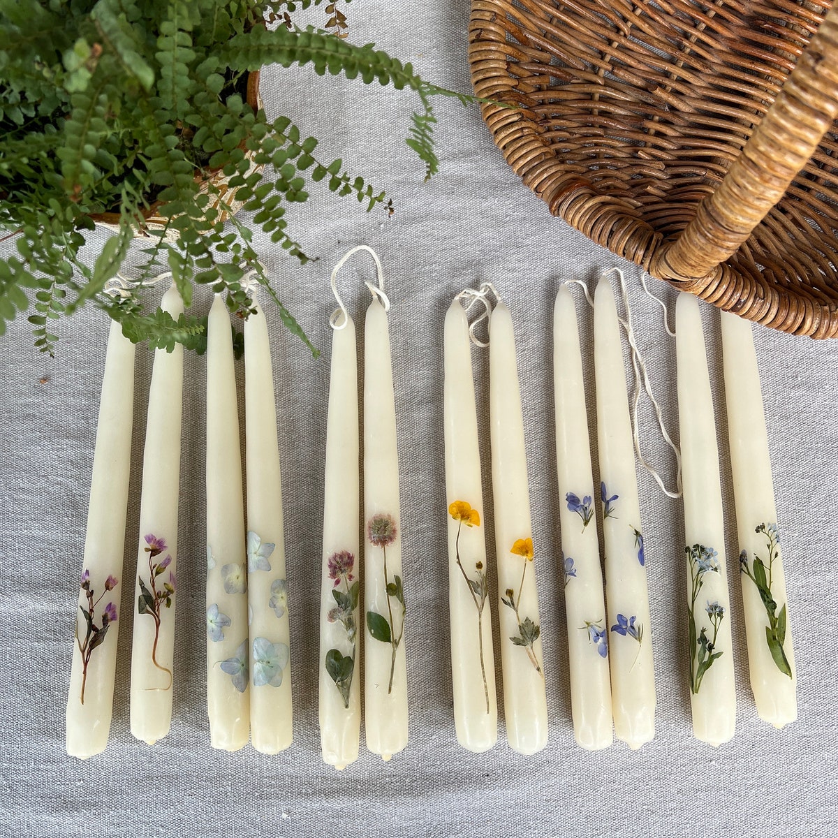 Botanical Taper Candles, Pressed Flower Boho Candles, Set of Two 10”tapers, Hand Dipped Tapers, Real Flower Candles, Bridesmaid Gift - Etsy