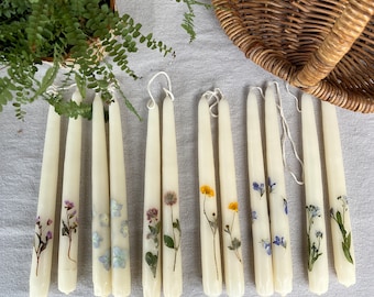 Botanical taper candles, pressed flower boho candles, set of two 10”tapers, hand dipped tapers, real flower candles, bridesmaid gift