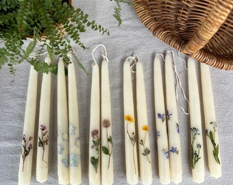 Botanical taper candles, pressed flower boho candles, set of two 10”tapers, hand dipped tapers, real flower candles, bridesmaid gift