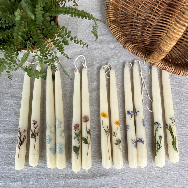 Botanical taper candles, pressed flower boho candles, set of two 10”tapers, hand dipped tapers, real flower candles, bridesmaid gift