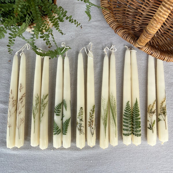 Botanical taper candles, pressed flower boho candles, set of two 10”tapers, hand dipped tapers, real flower candles, bridesmaid gift