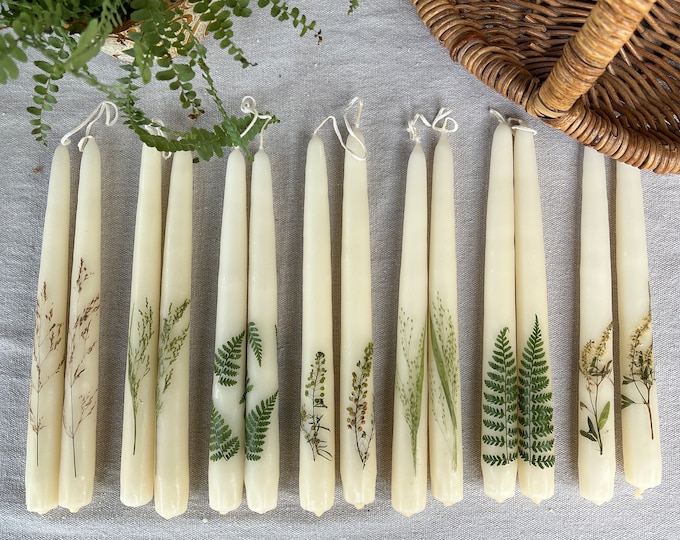 Botanical Taper Candles, Pressed Flower Boho Candles, Set of Two