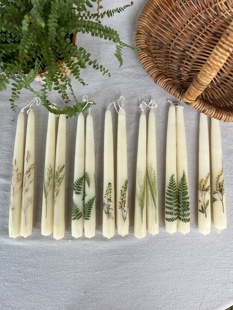 Botanical taper candles, pressed flower boho candles, set of two 10”tapers, hand dipped tapers, real flower candles, bridesmaid gift