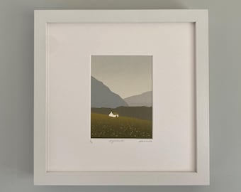 Limited Edition linoprint, Schots landschap, verkleinde linosnedekunst, Somerset-papier