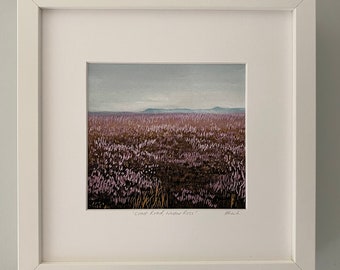 Lino Art, Lino Print, Linocut Art, Art, Paysage, Estampe, Highlands d’Écosse, Feuillage, Bruyère, violet,