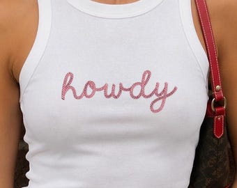 Howdy Embroidered Tank Top, White Western Racer Tank, Pink Cowgirl Crop Top, Country Concert Outfit, Nashville Bachelorette Top